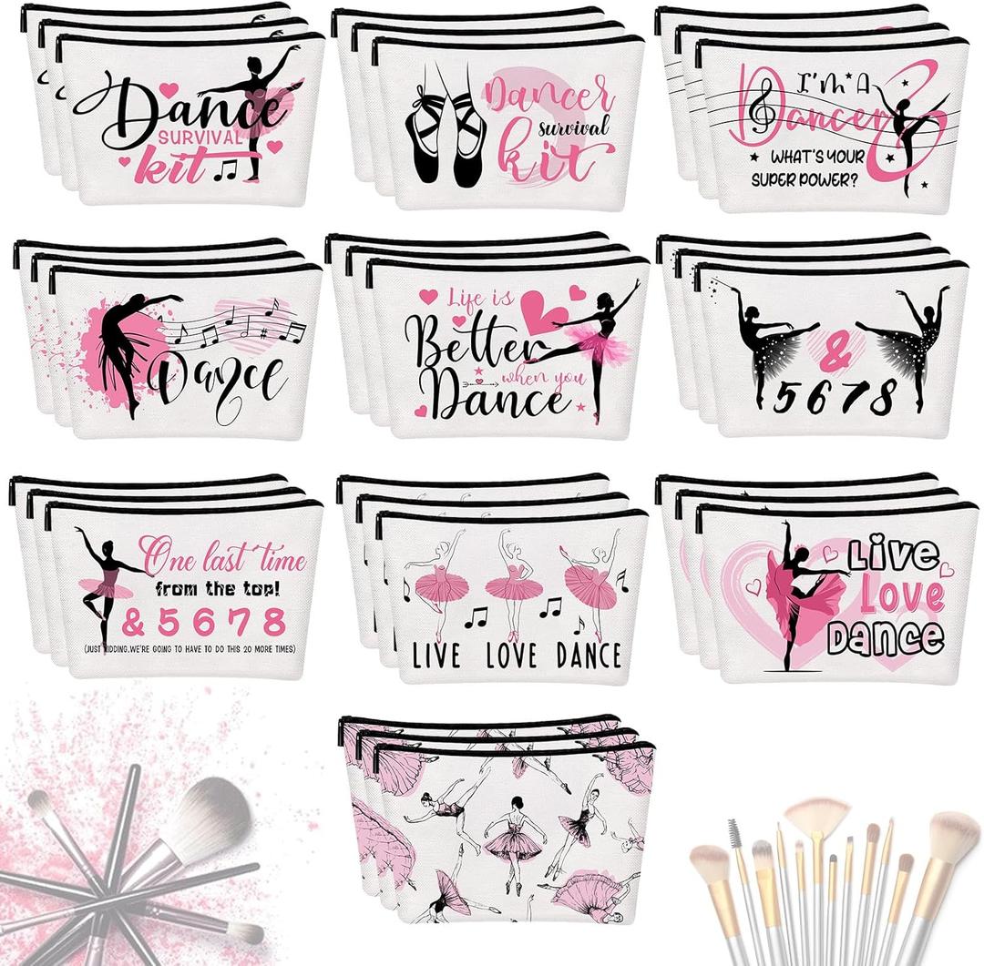 Irenare 30 Pcs Dancer Appreciation Gifts for Women Canvas Makeup Bags Cosmetic Dance Kit Travel Toiletry Case Pencil Toiletry Zipper Pouch Bag Thank You Gift Social Work Month Class Prizes Gifts