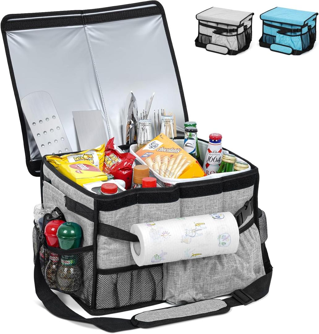 Large Camping Storage Container Camping Storage for Condiment and Utensil, Collapsible & Easy Carry Picnic Accessories with Paper Towel Holder, Grill Caddy for BBQ, Camper, Travel, RV (Gray)