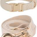 Soft Corduroy Dog Collar and Leash Set Adjustable Durable Wedding Dog Collars with Metal Buckle and Lead for Medium Dogs,Beige
