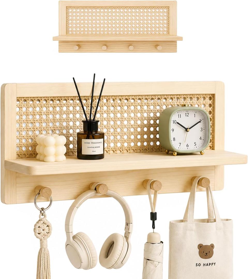 Rattan Wall Shelf with 4 Hooks, Entryway Key Holder & Coat Rack Wall Mount