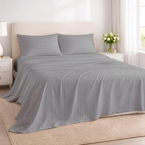 Rajlinen 100% Cotton Full Sheets Set, Cooling & Breathable Bed Sheets, 16 Inch Deep Pocket Fitted Sheet with All-Around Elastic, Soft & Durable Bedding Set, Light Grey Stripe