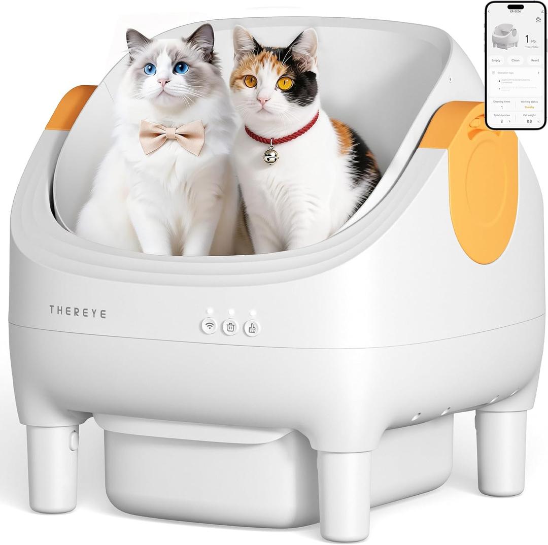 Thereye Self Cleaning Cat Litter Box, Open-Top Automatic Litter Box with Smart App and Safety Sensors, Large Auto Litter Box for Multiple Cats, 10L Waste Bin with Odor Control, Includes Trash Bag (Yellow)