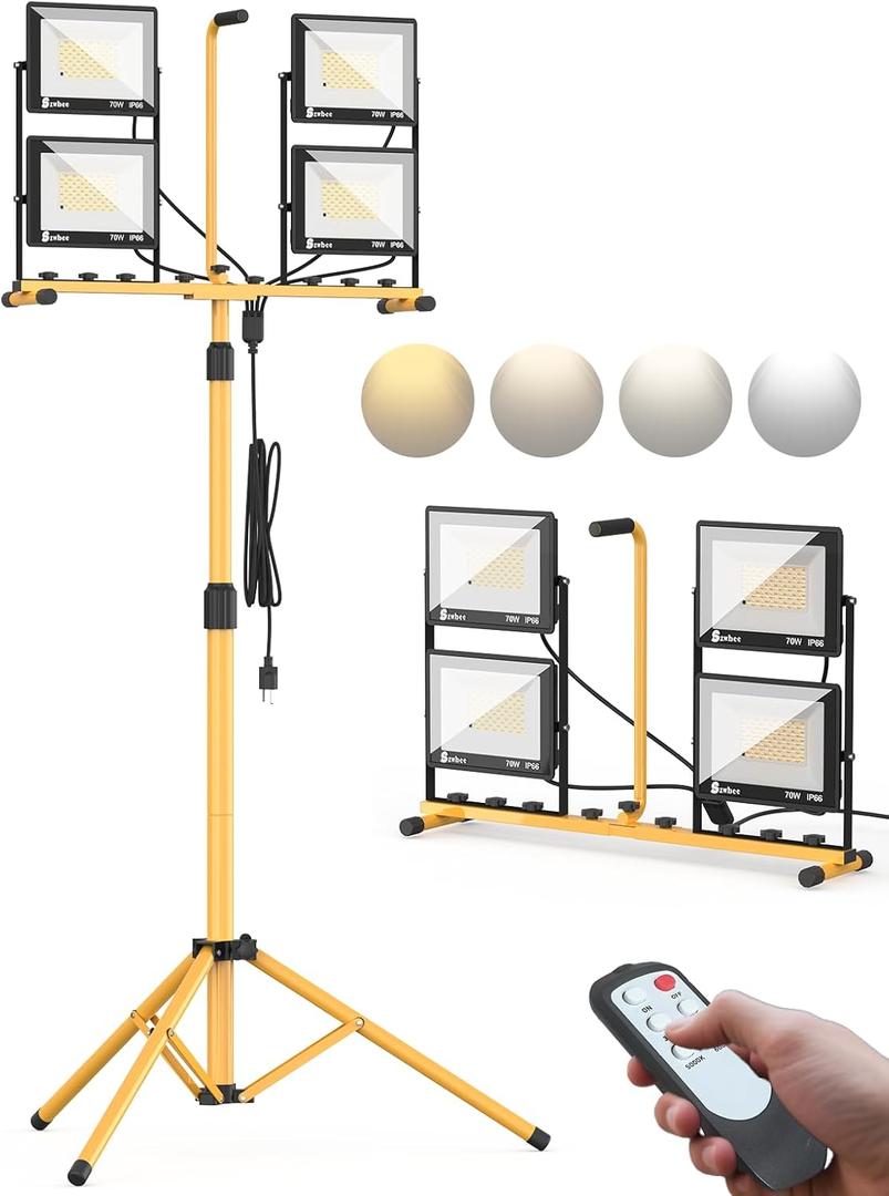 Szwbee 32000 Lumen LED Work Light with Stand & Remote, 4-Head 280W Portable Tripod Light with 16.5FT Cord, 3000K6000K Adjustable, Waterproof Light for Indoor & Outdoor Job Site Workshop Construction