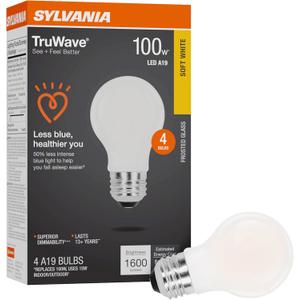 Sylvania LED TruWave Natural Series A19 Light Bulb, 100W Equivalent, Efficient 15W, 1600 Lumens, Medium Base, Dimmable, Frosted, 2700K, Soft White - 4 Pack (42278)