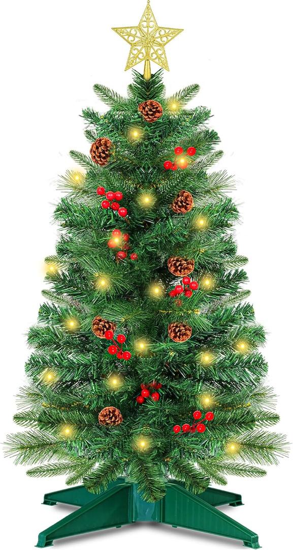 3 Ft Green Christmas Tree with Lights, Timer 8 Modes DIY 50 Warm White Lights Battery Operated Small Artifical Full Xmas Tree Pine Needles Cones Red Berry for Tabletop Home Indoor Holiday Party Decor