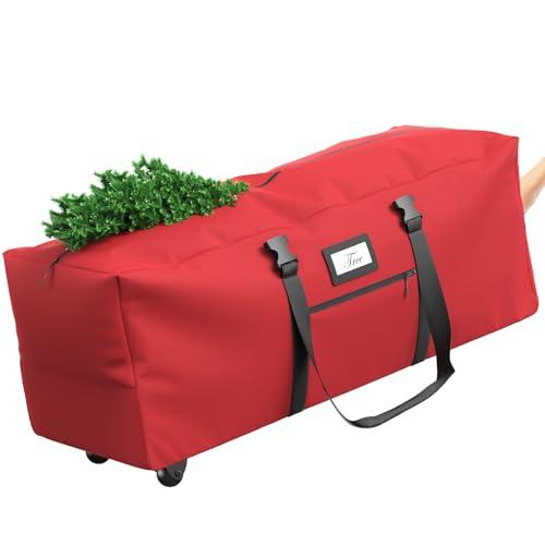 Winpull Rolling Christmas Tree Storage Bag for 9 ft Artificial Tree, 600D Waterproof Oxford Fabric, Large Christmas Tree Bag with Dual Zipper, Wheels, Handles, Heavy Duty Xmas Storage Container - Red