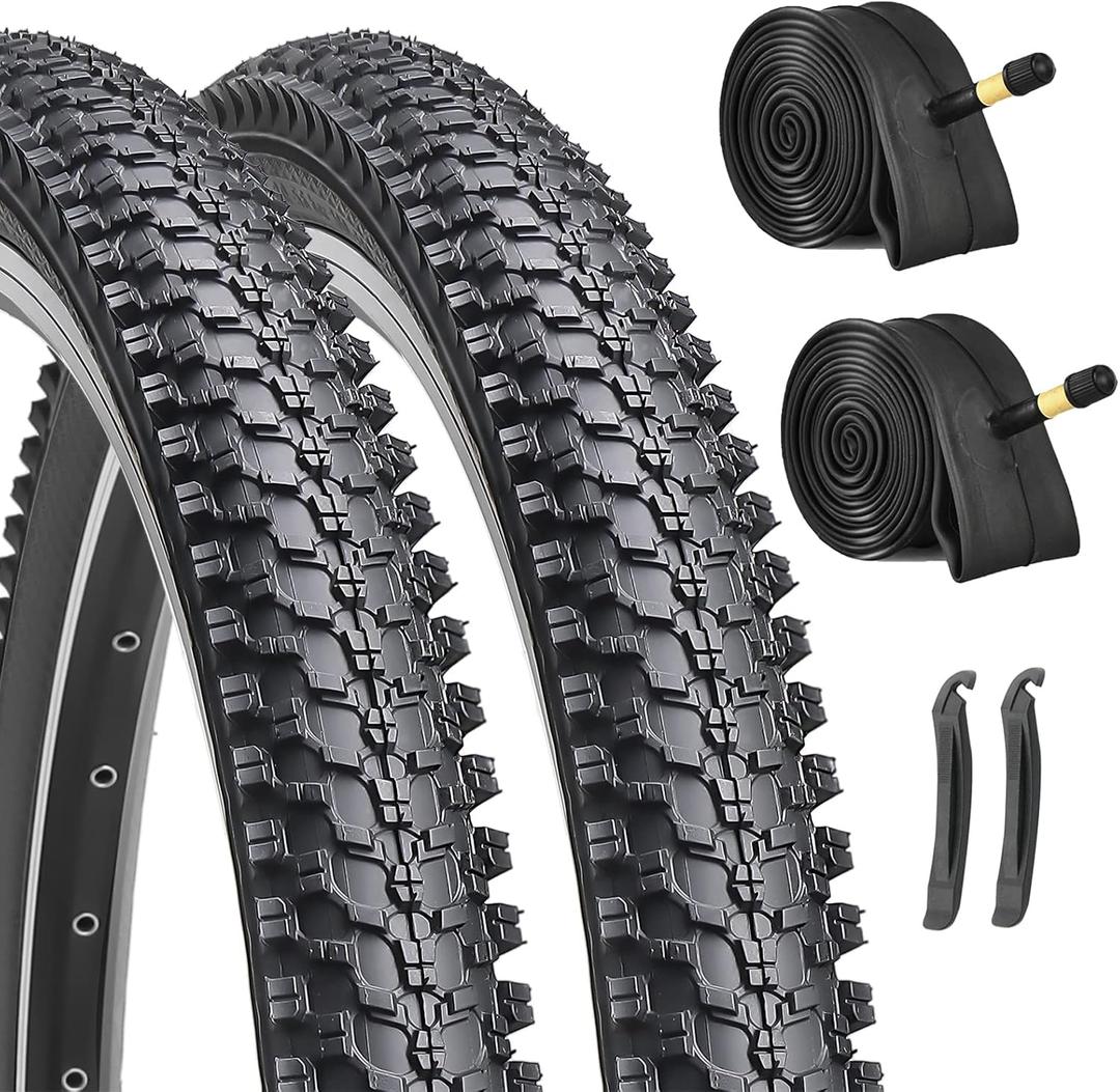 Hycline 2-Pack Mountain Bike Tires Set: 20/24/26/27.5-inch Folding Replacement Puncture-Resistant Bicycle Tires and Pair 20/24/26/27.5-inch Inner Tubes with Tire Levers for MTB Off-Road Bike (26x1.95-30TPI)