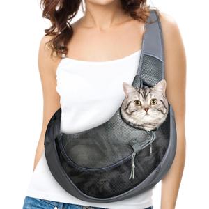 Cat Sling Carrier, Soft Cat Carrier Pouch for Cats Under 11 lbs with Adjustable Strap, Breathable Mesh Cat Bag for Nail Trimming Vet Visits Car Travel Outdoor (Dark Gray)