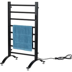 MyGift Hotel Series Matte Black Carbon Steel Towel Warmer Rack with 8 Heating Bars and LED Temperature Timer Control, Freestanding or Wall Mounted Electric Bath Towel Warming Holder