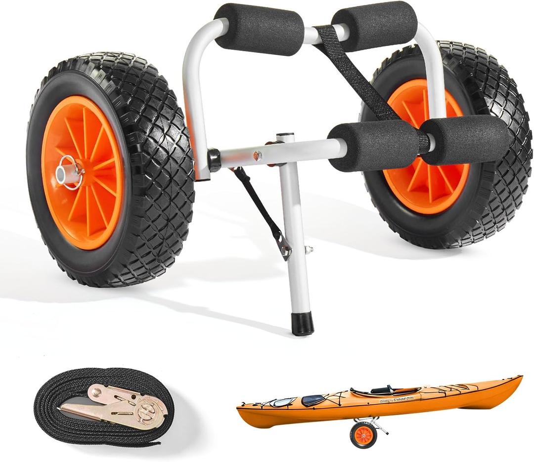 VEVOR Kayak Cart, 200 lbs Load Capacity, Foldable Kayak Trolley with 10-inch Solid Rubber Tires & 1 Ratchet Strap, Paddle Board Trolley for Carrying Kayaks, Canoes, Paddleboards, Float Mats, Jon Boats