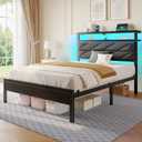 Seventable Bed Frame Twin Size with Charging Station, LED Bed with Upholstered Storage Headboard, Metal Platform Bed with Under Bed Storage, No Box Spring Needed, Noise Free, Easy Assembly, Grey