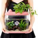 Geelin Pink 2 Gallon Plastic Aquaponic Betta Fish Tank Large Bowl Shatterproof Small Ecosystem Aquarium with Secure Buckle Lid, Clear Clarity for Terrarium, Flower Vase Betta Fish Tabletop Gifts