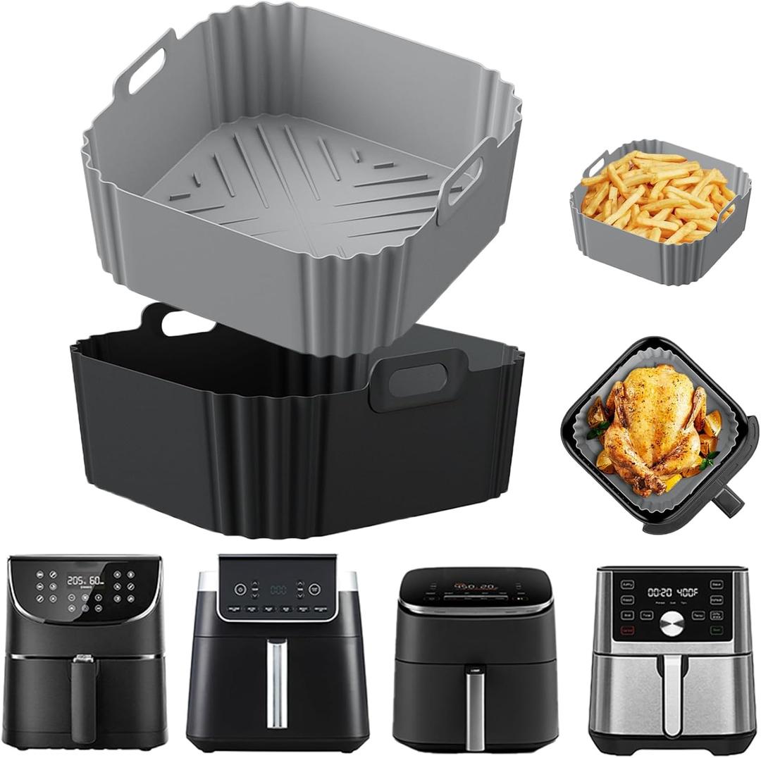 Silicone Air Fryer Liners for Ninja Air Fryer Pro XL AF141 AF142 AF181 AF182,2Pack 8.8inch Square Air Fryer Liners Reusable Basket for Cosori,Chefman,Instant Pot,Other 5-8QT,Air Fryer Accessories (Grey+Black)