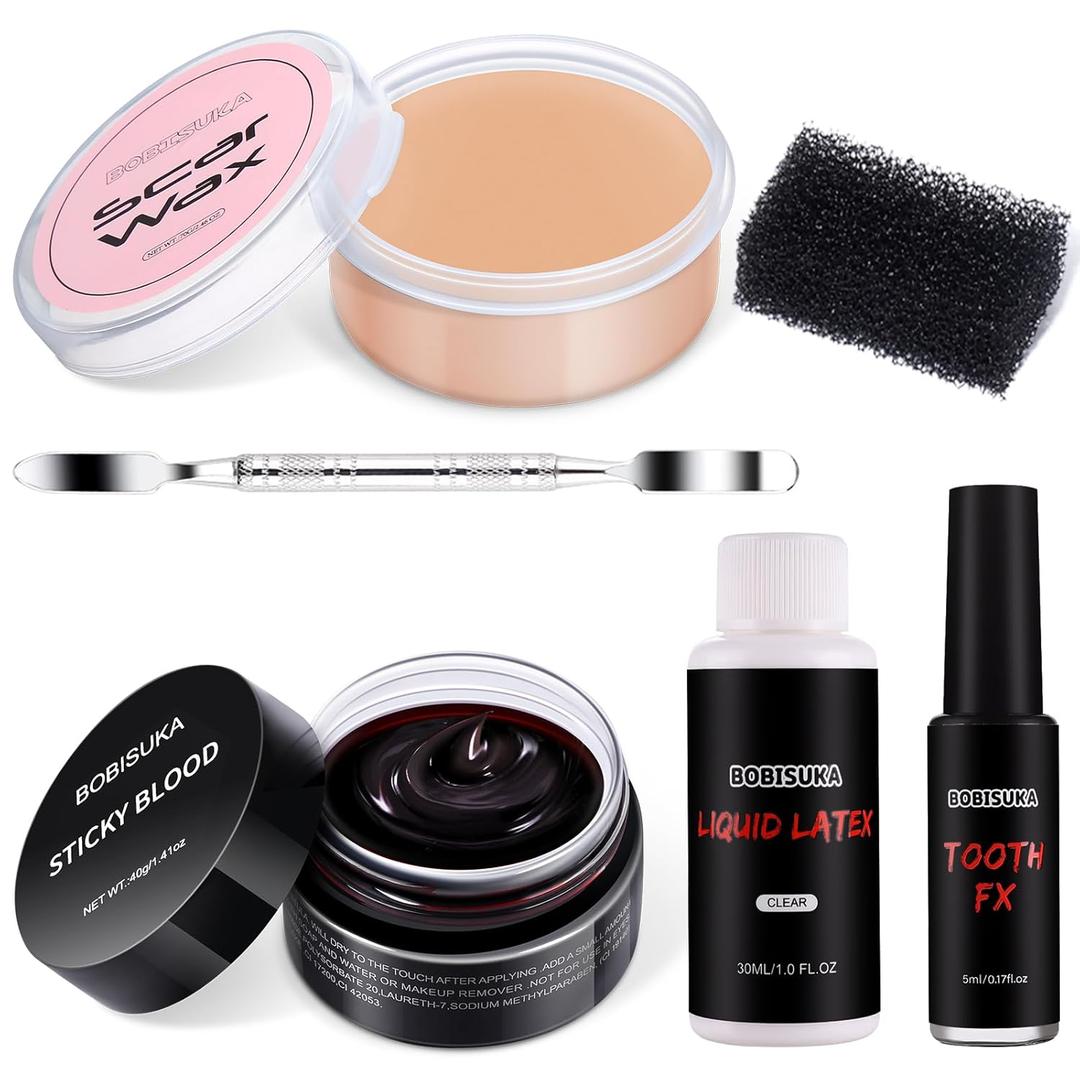 BOBISUKA 6 Piece Halloween SFX Special Effects Makeup Kit - Fake Blood Gel + Clear Liquid Latex + Black Tooth Paint + Modeling Scar Wax with Spatula Tool and Black Stipple Sponge All in One (Mluti-color)
