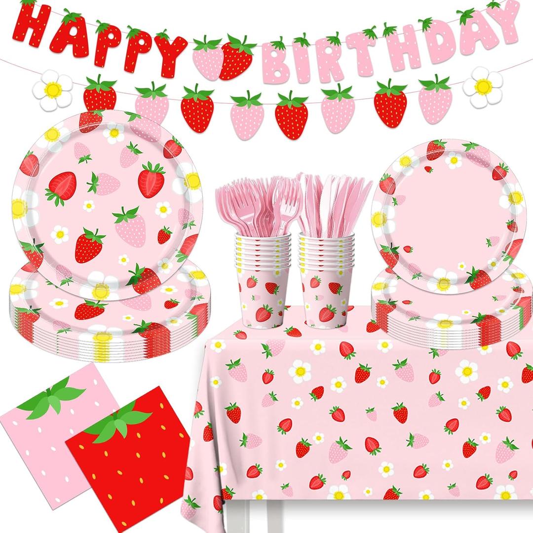 Strawberry Birthday Decorations Strawberry Party Plates and Napkins Berry First Birthday Party Supplies Includes Plates, Napkins, Cups, Cutlery, Banner, Tablecloth for Girls Birthday Decor