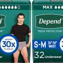 Depend Incontinence Underwear for Men, Small/Medium, 32 Count | Maximum Protection | Grey | Disposable | Pack of 2