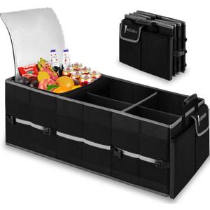 Trunk Organizer With Built-In Insulated Leak Proof Cooler Bag,Collapsible Cargo Organizer For Suv With Non Slip Bottom Strips,3 Large Compartments Foldable Waterproof Portable Car Storage Box