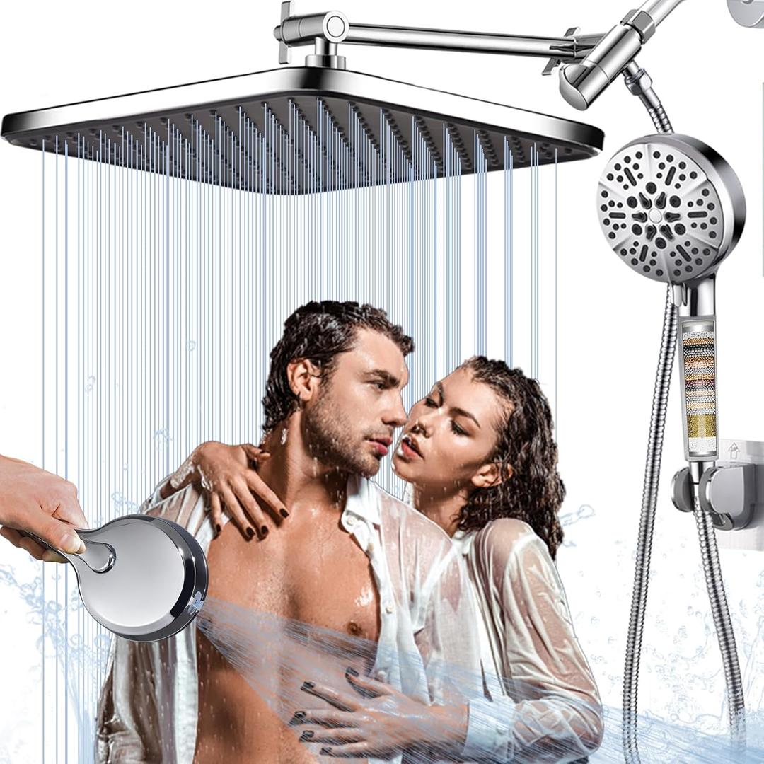 Shower Head with Filters-14'' Rainfall ShowerHead,Filtered Power Wash Handheld for Hard Water,Keep High Pressure Output, Reduces Dry Itchy Skin, Eczema&Improves Condition of Your Body, Hair (Silver)