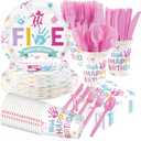 168Pcs Hi Five Birthday Party Decorations Colorful High Five Theme Plates and Napkins Cups Forks Disposable Boho 5th Tableware Sets for 5 Years Old Birthday Party Supplies Serves 24
