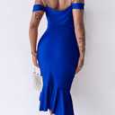 CHICME Womens Sexy Bodycon Party Dress Off The Shoulder Pearls Strap Midi Dress Ruffle Hem Cocktail Dresses (Blue)