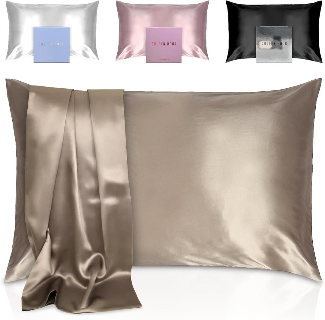 GOLDEN HOUR 100% Mulberry Silk Pillowcase for Hair and Skin  Queen Size Highest Grade 22 Momme Real Silk Pillowcase with Zipper Closure, Gift-Box Ready  Beige Gold