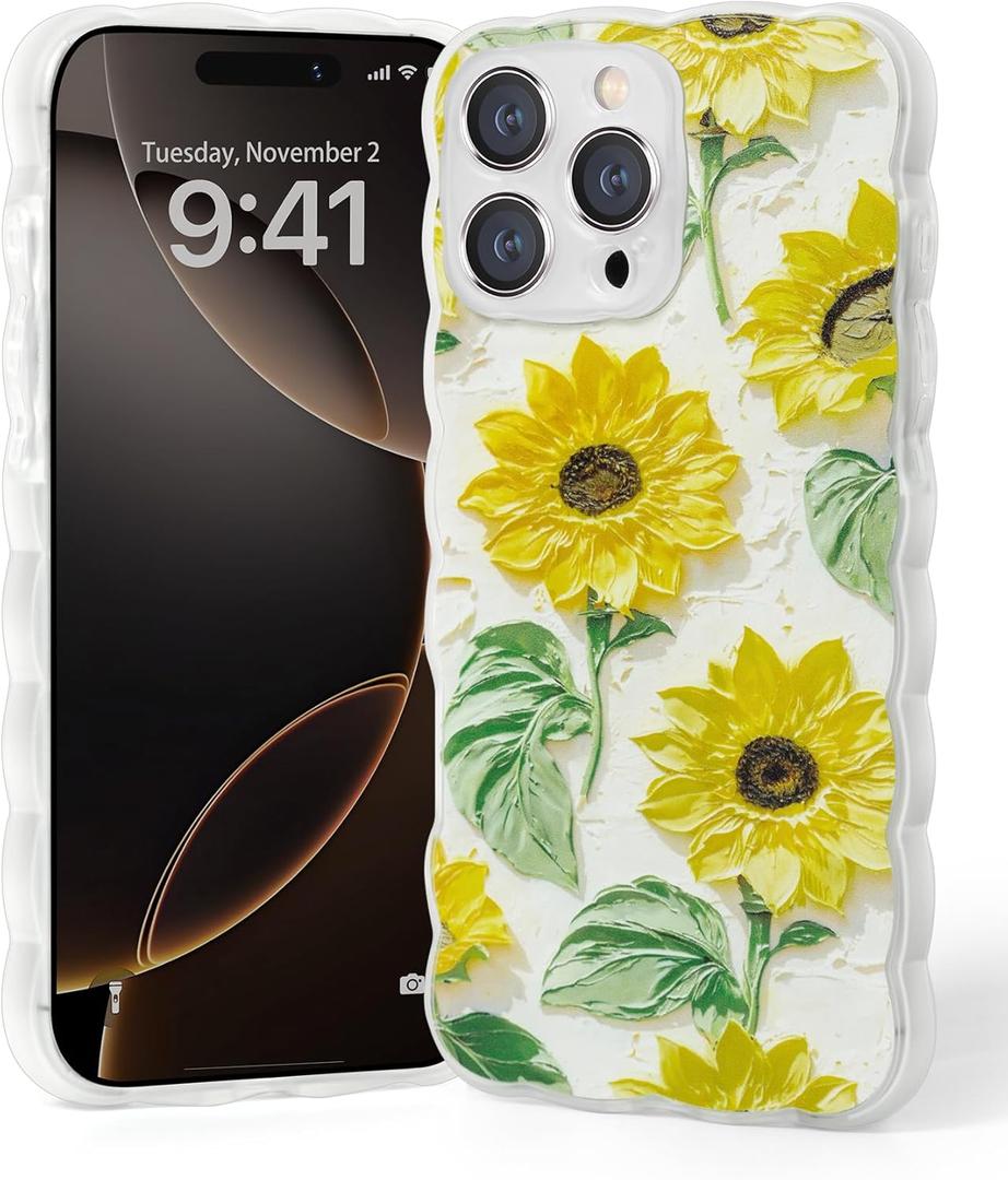 Gronda for iPhone 16 Pro Max Phone Case Cute Trendy Flower Girly 16 Pro Max Phone Case with Wavy Edge Screen Protection Floral Case for iPhone 16 Pro Max Oil Painting Sunflower