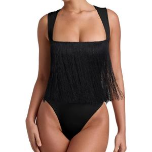 REORIA Butsmooth Womens Sexy Sleeveless Square Neck Double Lined Basic Bodysuit Tank Tops (Black Fringe), Medium