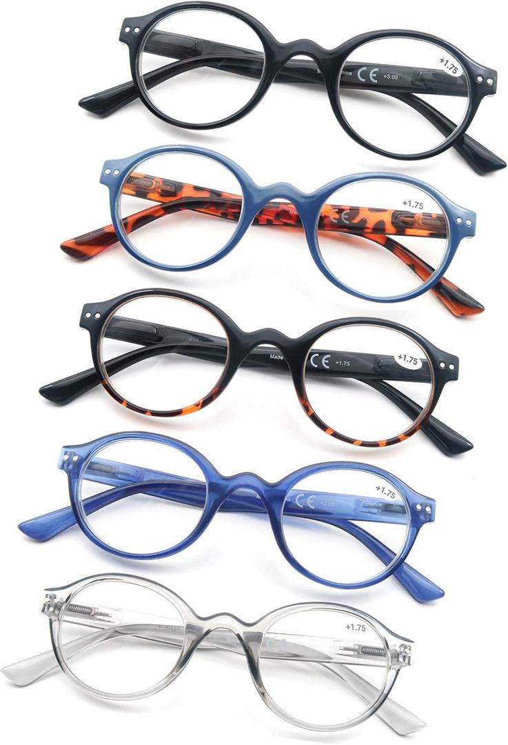 Round Reading Glasses for Women Men Classic Circular Readers +3.00 Stylish Lightweight Cheaters Glasses Spring Hinges 5 Pack