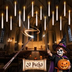 Halloween Decorations Floating Candles with Wand: 20Pcs Flameless Floating Candles with LED Warm Lights Battery Operated Magic Candle for Birthday Gifts Halloween Party Decorations Indoor Home Decor
