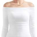 SUUKSESS Women Double Line Mesh Padded Tops Off The Shoulder Long Sleeve Shirts (White, S)