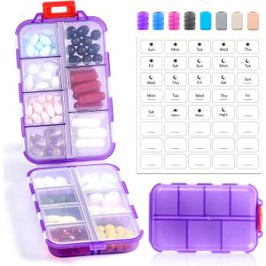 14 GRIDS Travel Pill Organizer Box with Labels - Travel Medicine Case Kit - Pocket Daily Pharmacy Container - Travel Medication Holder Dispenser for Fish Oil Vitamin Supplement Storage - Clear Purple