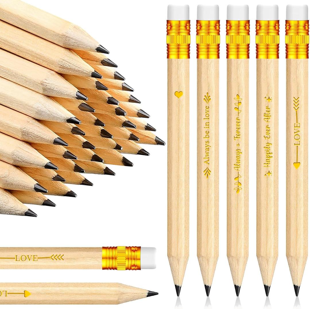 Crtiin 50 Pcs Bridal Shower Pencils Half Golf Wedding Pencils with Eraser 4 Inch Short Pocket Pre Sharpened for Wedding Game Bridal Shower Presents Classroom School(Wood Color)