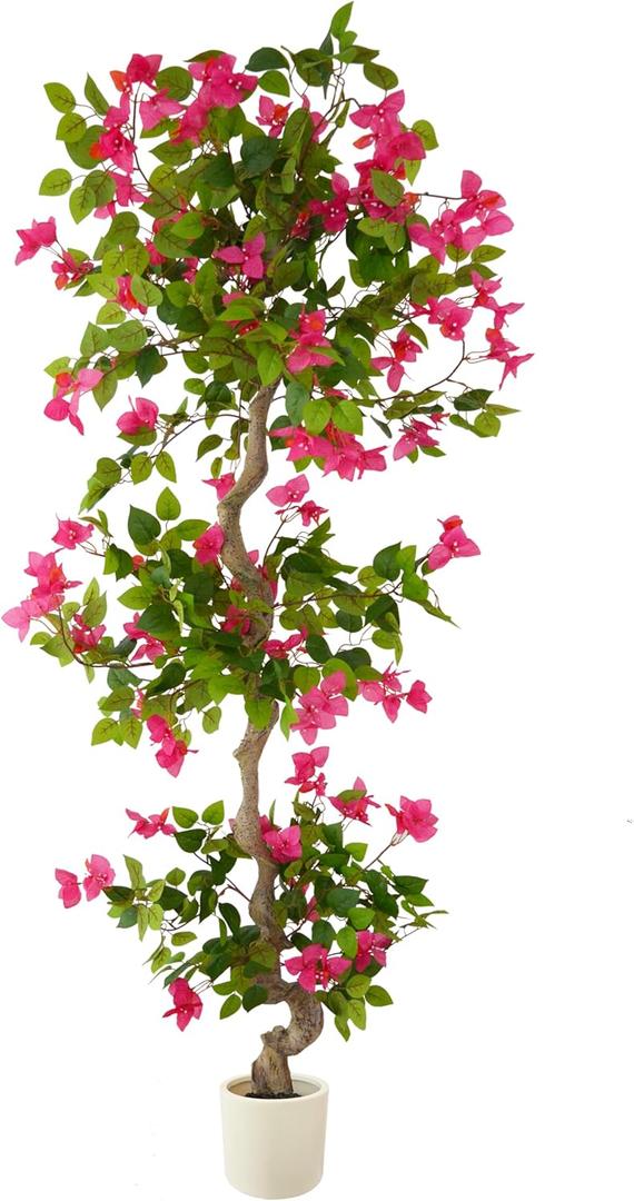 6ft Artificial Bougainvillea Tree, Fake Bougainvillea Pink Flower Silk Plant in White Planter, Faux Blooming Topiary Tree for Indoor Outdoor Home Office Wedding Dcor