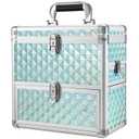 FRENESSA Extra Large Makeup Organizer Case Cosmetic Box Storage with Drawer Mirror Nail Manicure Accessory Organizer With Dividers Travel Nail Art Case for Makeup Artist Nail Tech Case Watery Blue