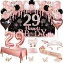 29th Birthday Decorations for Women, 49pcs Black Rose Gold Black Happy 29th Birthday Banner, Tablecloth, Butterfly Decor, Sash and Tiara, Cake Topper, Candles, Balloons Arch