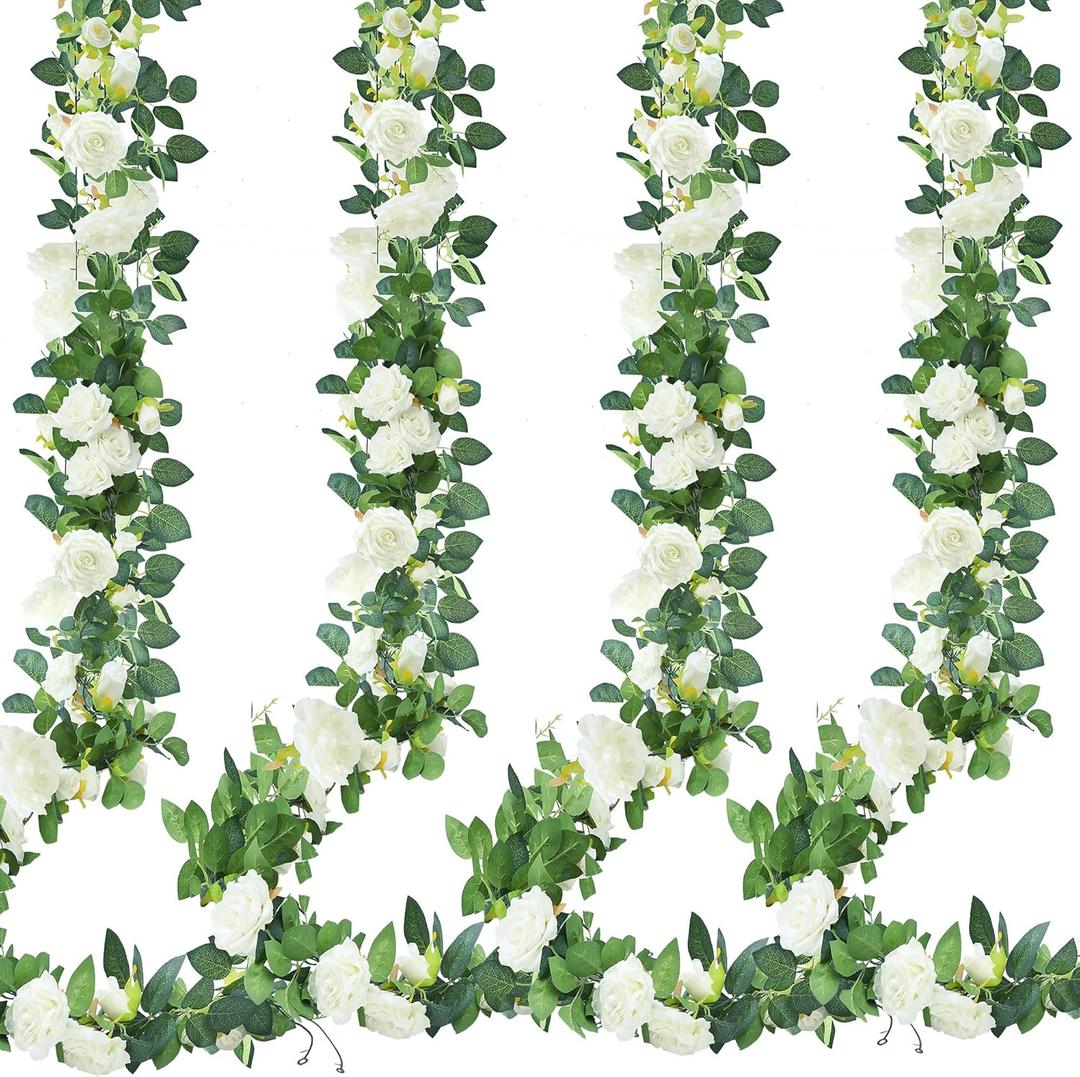 Sggvecsy 4Pcs 31Ft Artificial Rose Vine Fake Flower Garland Floral Garland Faux Silk Hanging Vine Rose Ivy Vines for Wedding Arch Party Wall Garden Ceremony Background Outdoor Decor , White