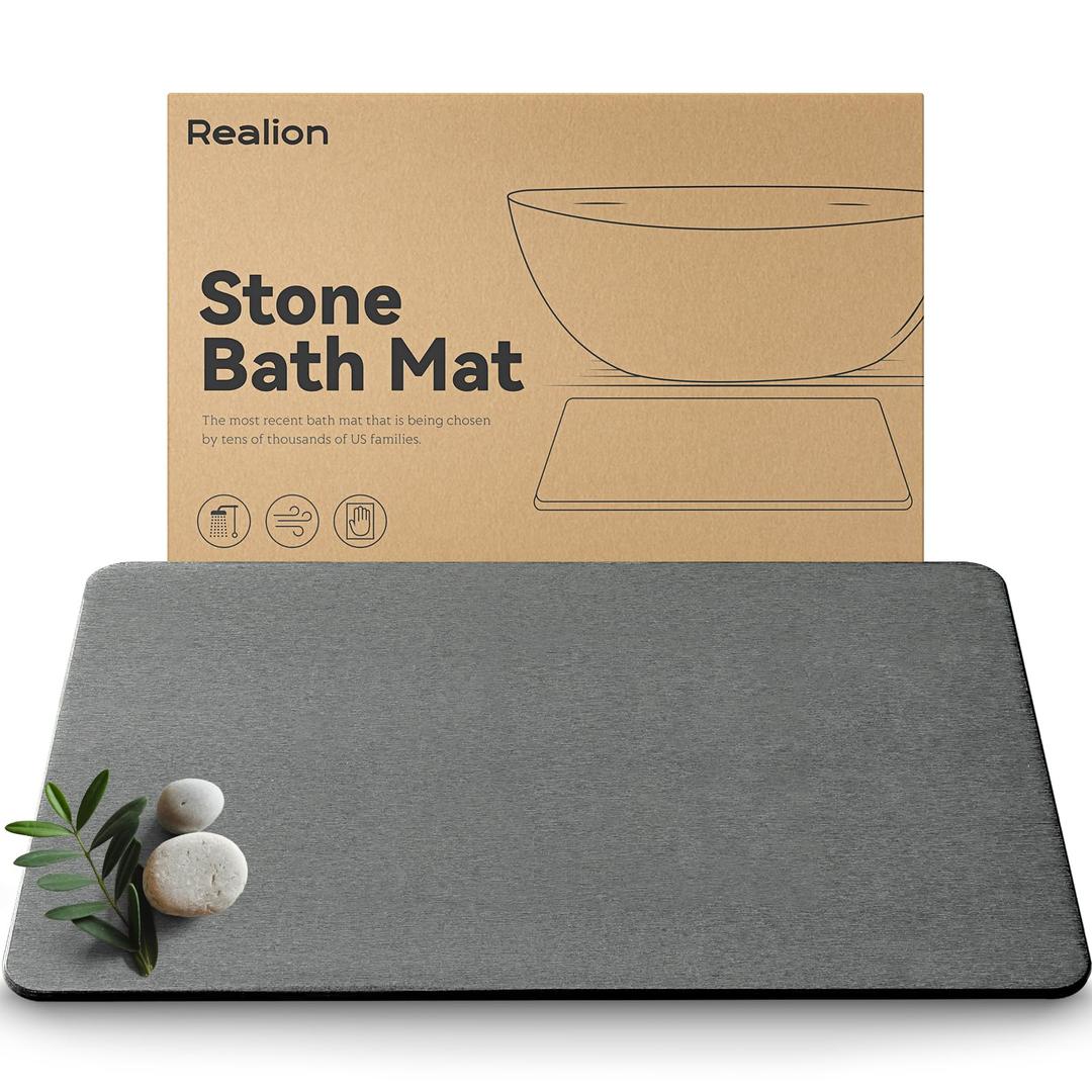 Realion Stone Bath Mat, Dries Quickly, Non-Slip Diatomaceous Earth Bath Mats for Bathroom, Super Absorbent Stone Shower Mat, Easy to Clean, 23.5" x 15.5" Light Gray
