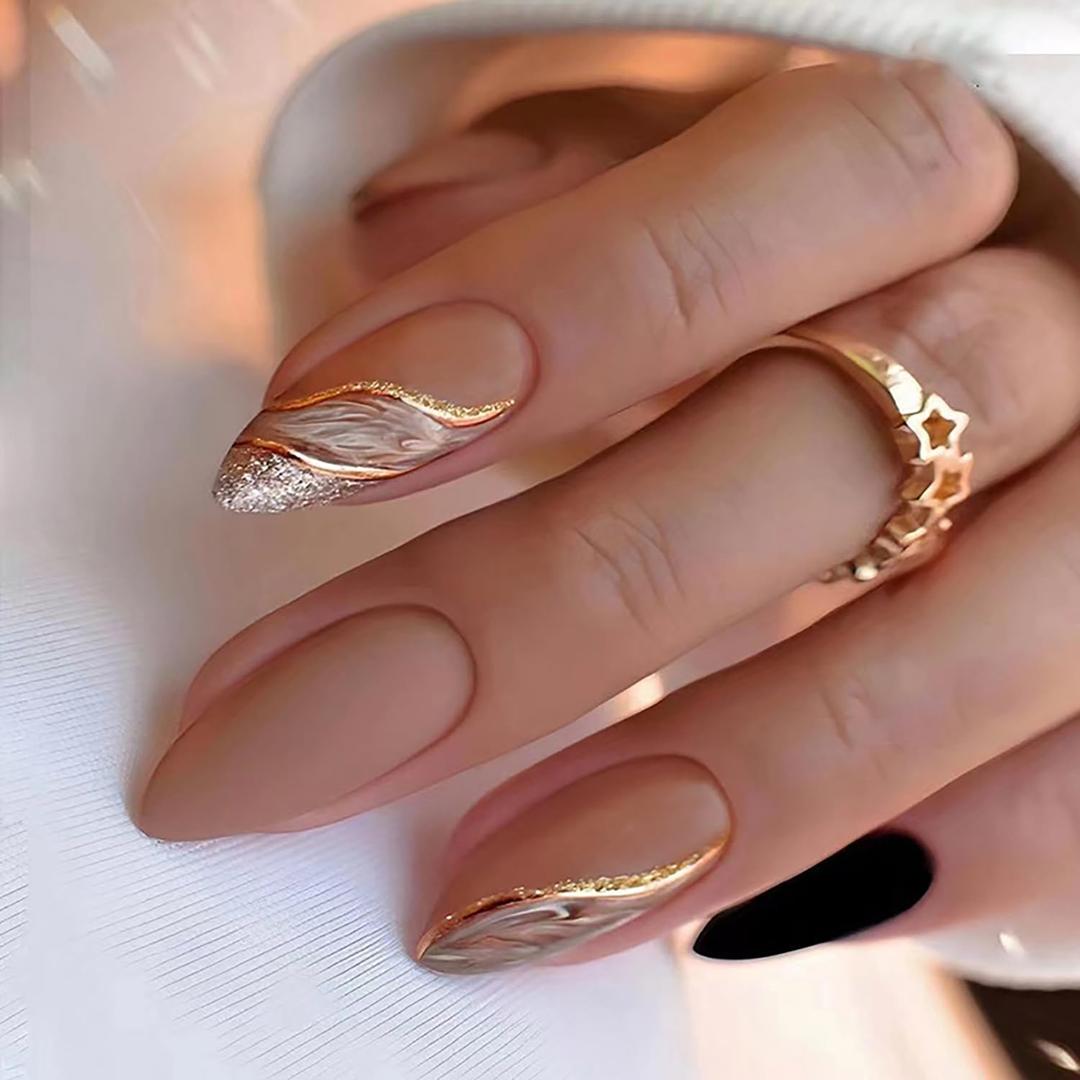 Press on Nails Medium Almond Artificial Acrylic Nails Brown French False Nails Gold Stripe Smudge Design Fall Winter Fake Nails Full Cover Glossy Reusable Coffin Nails Glue on Nails for Women, 24Pcs