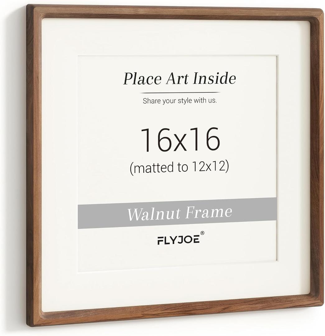 16x16 Picture Frame, USA-Sourced Natural Walnut Wood Photo Frame with Tempered Glass, Handcrafted Rounded Corner 16 x 16 Wooden Frame Matted to 12x12 Photos, Horizontal or Vertical Wall Mounting, 16x16, 1P