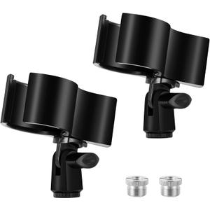 BILIONE 2pcs Versatile Microphone Clip, Adjustable Mic Holder for Microphones with Outer Diameter Range 1.26" from 2.3", with 5/8" Male to 3/8" Female Screw Adapter(Black)