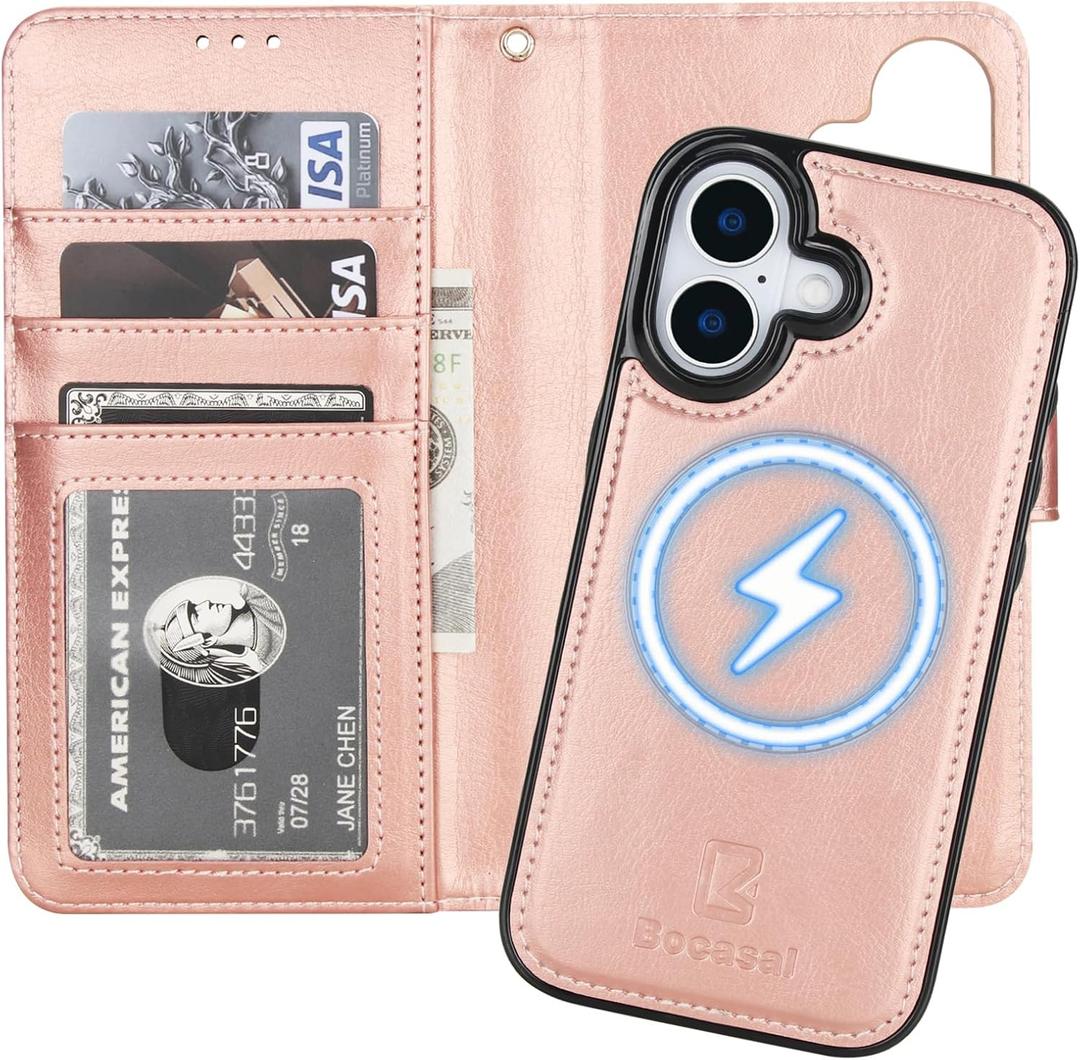 Bocasal for iPhone 17 Wallet Case Compatible with MagSafe Wireless Charging, RFID Blocking Magnetic Leather Case with Card Slots Holder Kickstand Detachable Wrist Strap 6.3 Inch (Rose Gold)