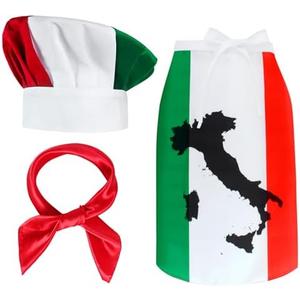 Kyson Italian Flag Chef Costume Italian Waist Apron and Mushroom Chef Hat Bandana Pizza Chef Bib Baking Grilling Cooking
