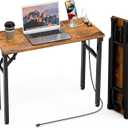 TEMI Small Computer Desk Folding Table - No Assembly, Compact 35.8" Foldable Desk with Power Outlets & USB Charging Port, Portable Small Office Desk, Ideal Mini Study Table for Narrow Spaces, Brown