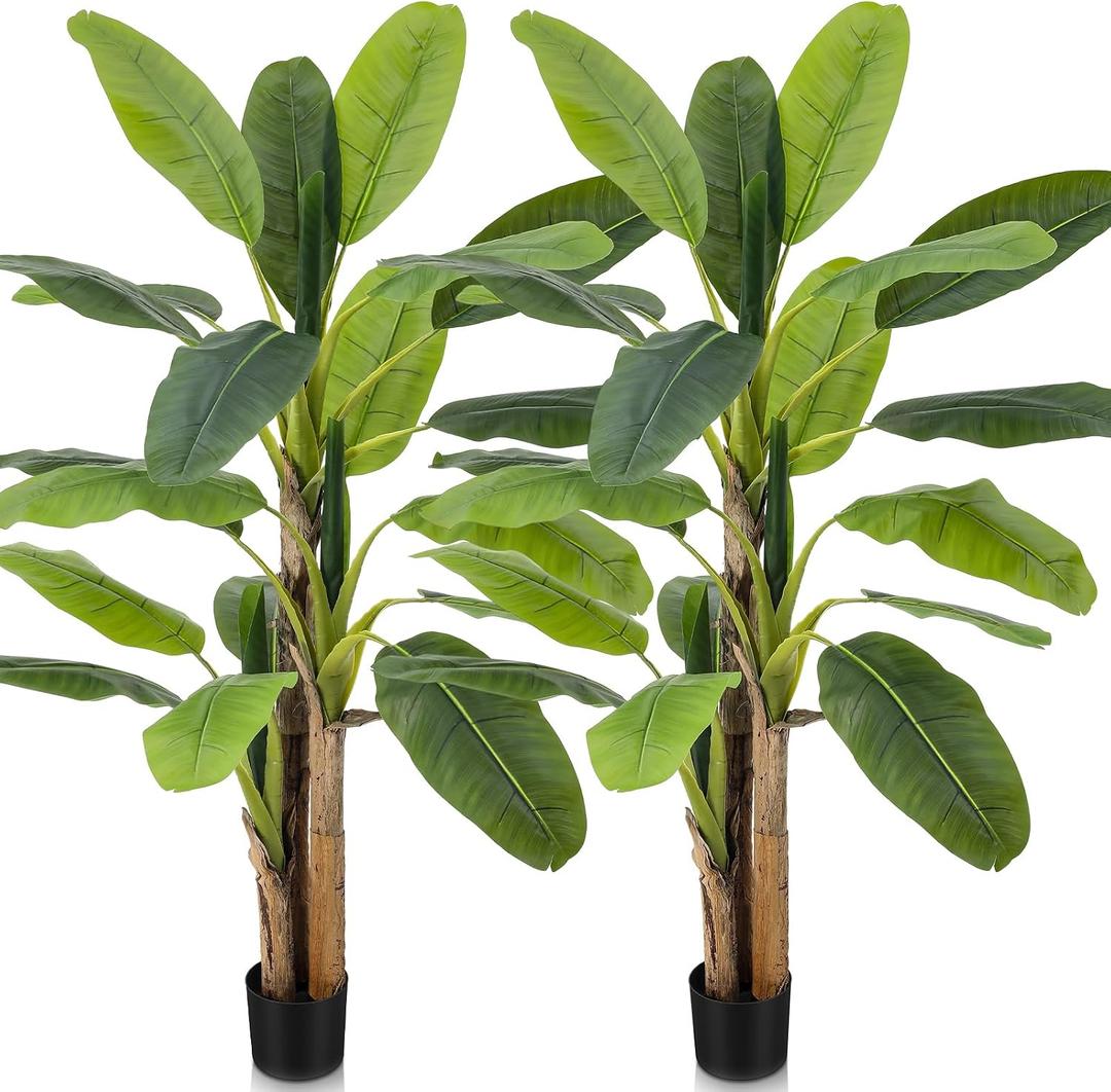 Jexine 2 Pack 6 Ft Artificial Banana Tree with Pot Faux Banana Plants Tall Faux Floor Leaf Plant with 3 Trunks and 19 Large Leaves for Indoor Home Office Decor Housewarming Gift