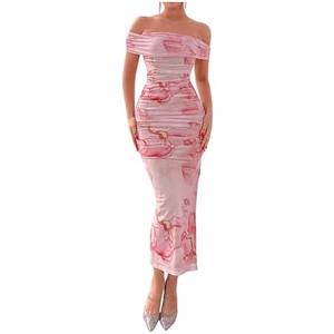 Floerns Women's Floral Print Off Shoulder Short Sleeve Ruched Bodycon Long Dress S