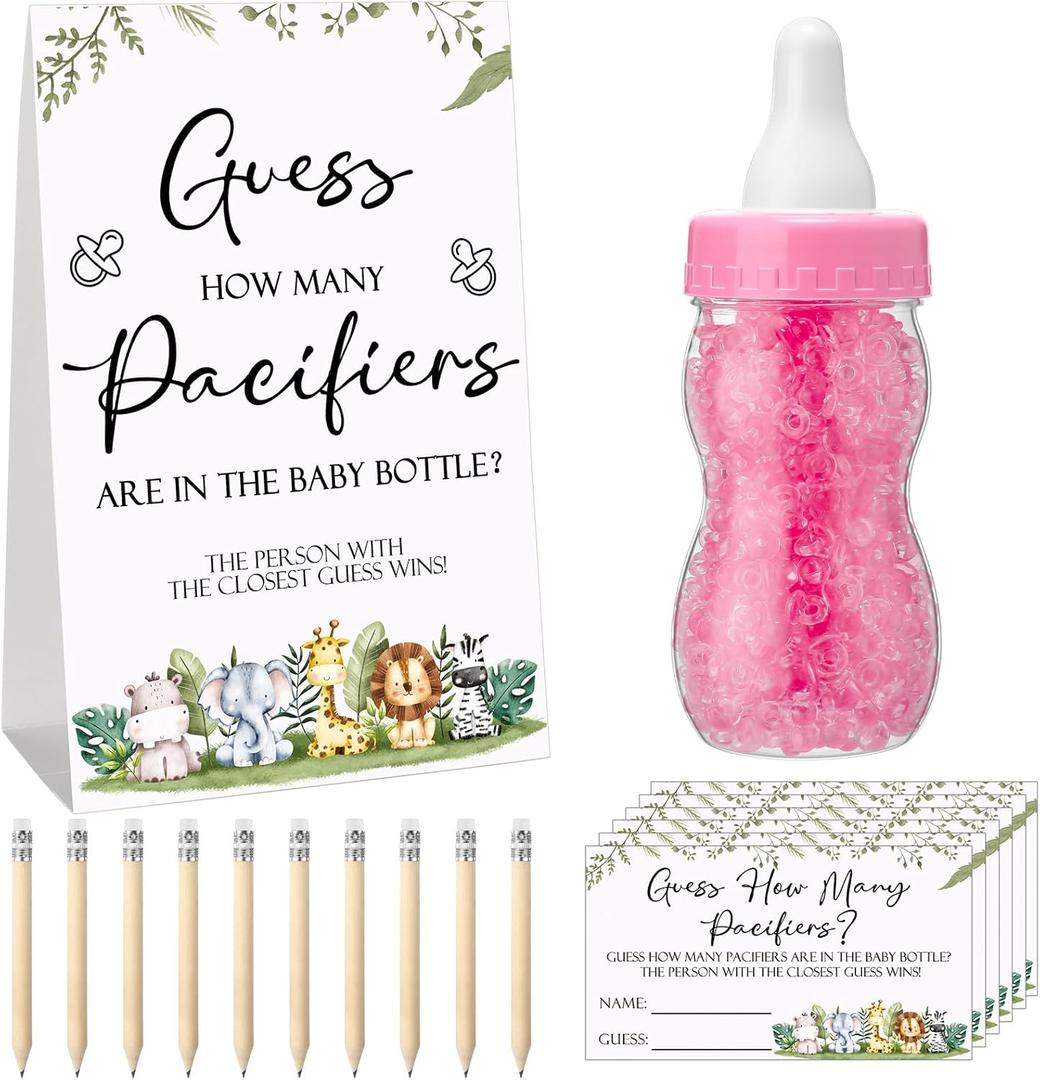 Roowest 512 Pcs Baby Shower Games Guess How Many Pacifiers Sign 100 Small Guessing Games 10 HB Pencils 750ml Milk Bottle 400 Acrylic Pacifiers Decoration for Guest Gender Reveal(Pink,Animal)