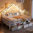 Merax Full Size House Platform Bed with LED Lights, Storage Shelves & Drawers - Bed with Guardrail, Sturdy Pine Wood & MDF Frame, White