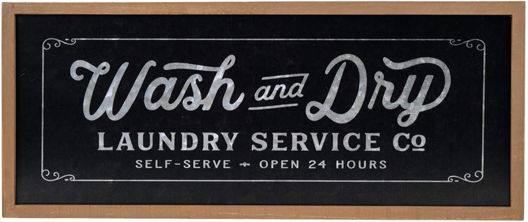 NIKKY HOME Laundry Room Decor Black Sign, Farmhouse Vintage Metal Wash Dry Wall Plaque Art with Wooden Framed (24 x 10-IN)