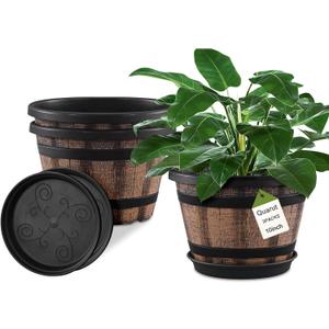 Quarut 3 Pack 10 inch Plant Pots,Whiskey Barrel Planters with Drainage Holes & Saucer, Plastic Decoration Flower Pots Imitation Wine Barrel Design, for Indoor & Outdoor Garden Home Plants (Brown)