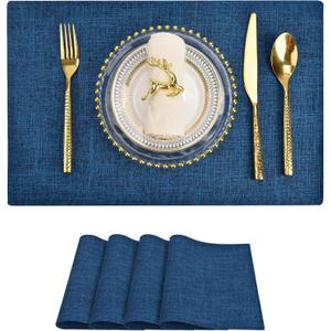SLKQG Navy Linen Fabric Placemats Set of 4, Heat Resistant & Machine Washable Double-Layered Cloth Placemats for Dining Table, Indoor/Outdoor Use, Non-Slip Kitchen Table Mats (4, Navy)